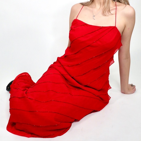 90s BEADED RED PROM DRESS - Picture 3 of 4